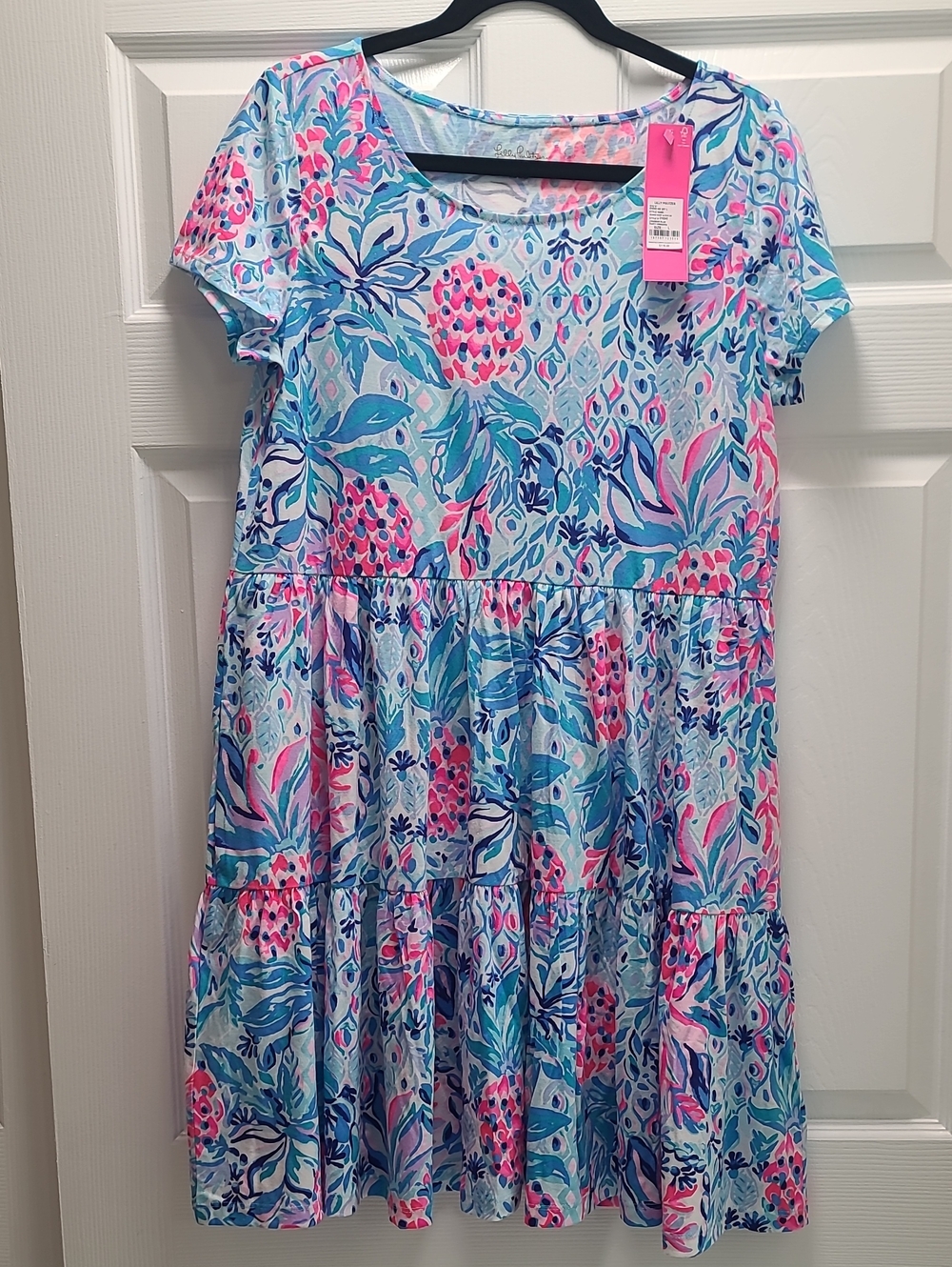 Nwt Lilly Pulitzer Pineapple Floral Tiered Dress  Blue & Pink Short Sleevess